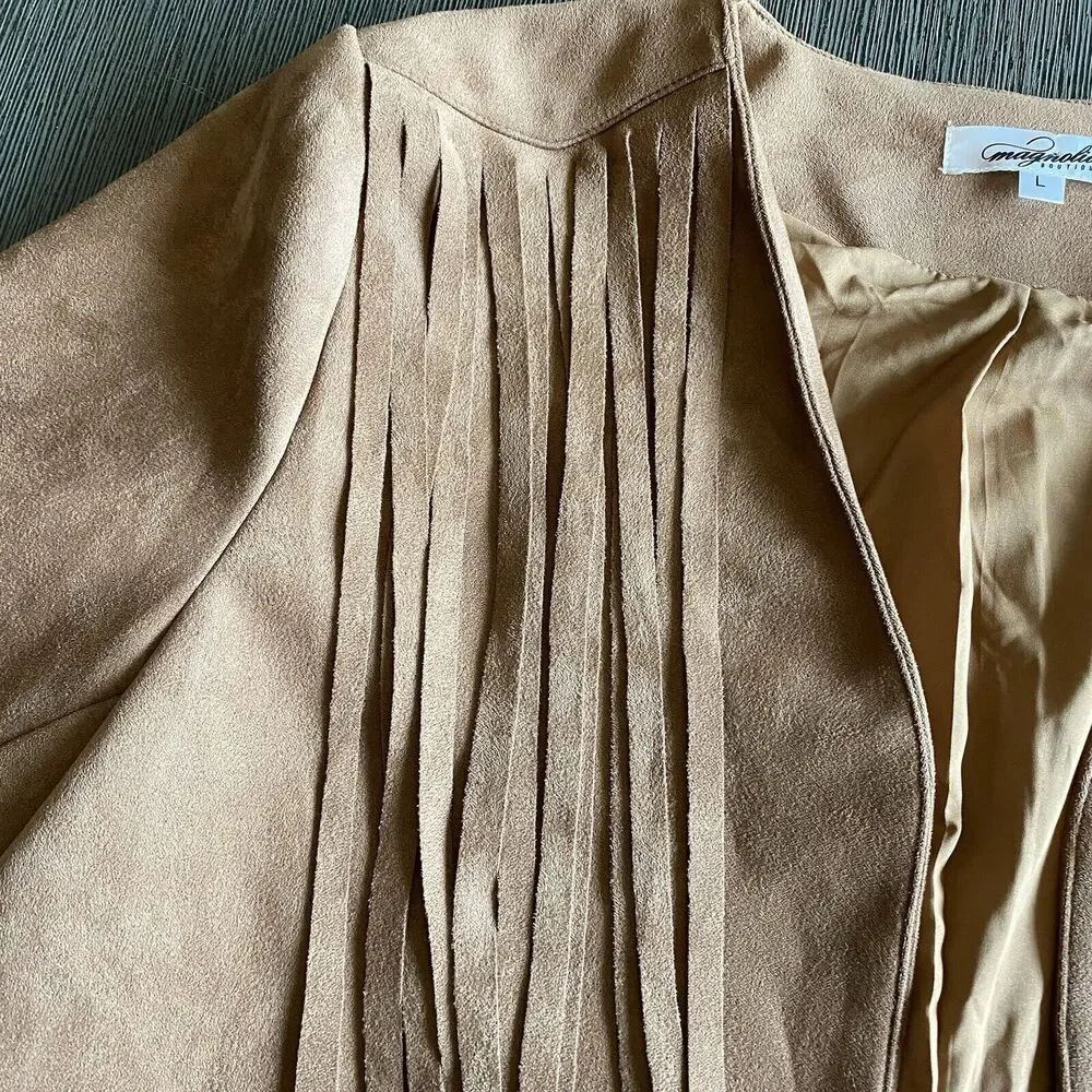 Magnolia Boutique Brown Fringe Cardigan Jacket Larg Boho Country Cottage Cowgirl - Picture 4 of 9